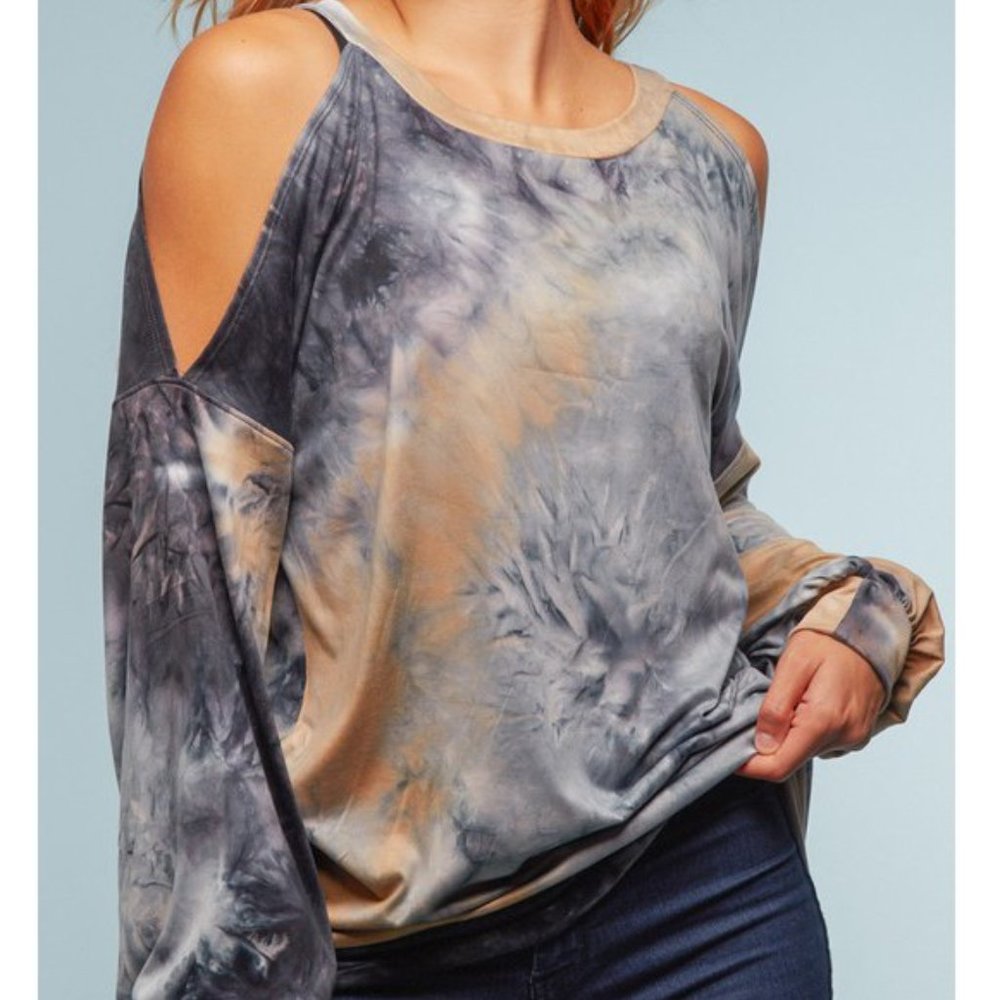 Bubble Sleeve Tie Dye Cold Shoulder Top - Picture 9 of 9